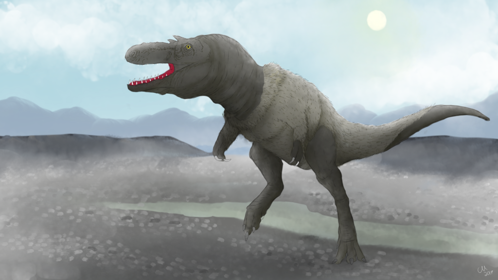 A reconstruction of Moros intrepidus walking through a floodplain.