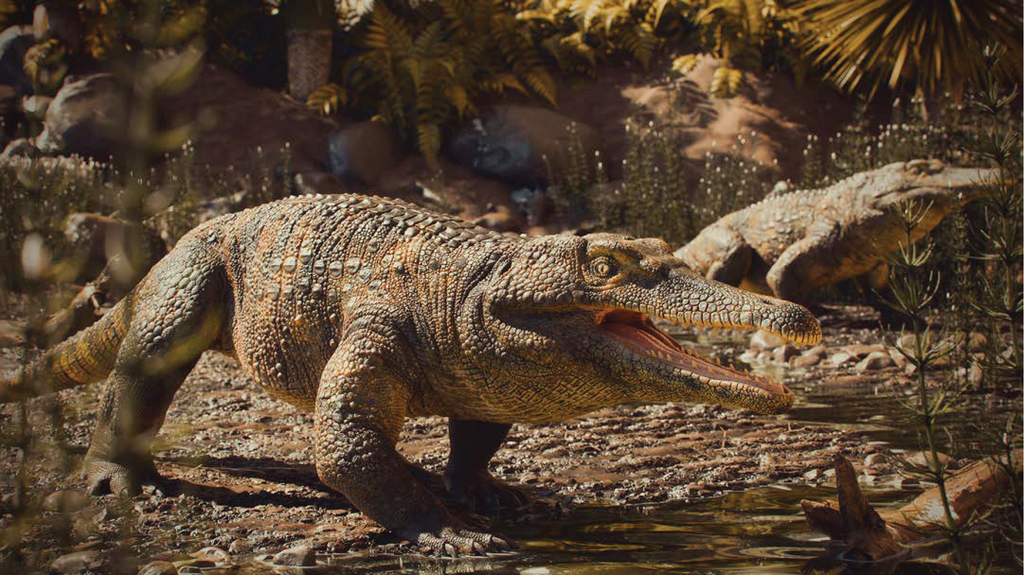 Artistic representation of a Middle–Late Triassic landscape of southern Brazil depicting two individuals of the proterochampsid archosauriform Retymaijychampsa beckerorum