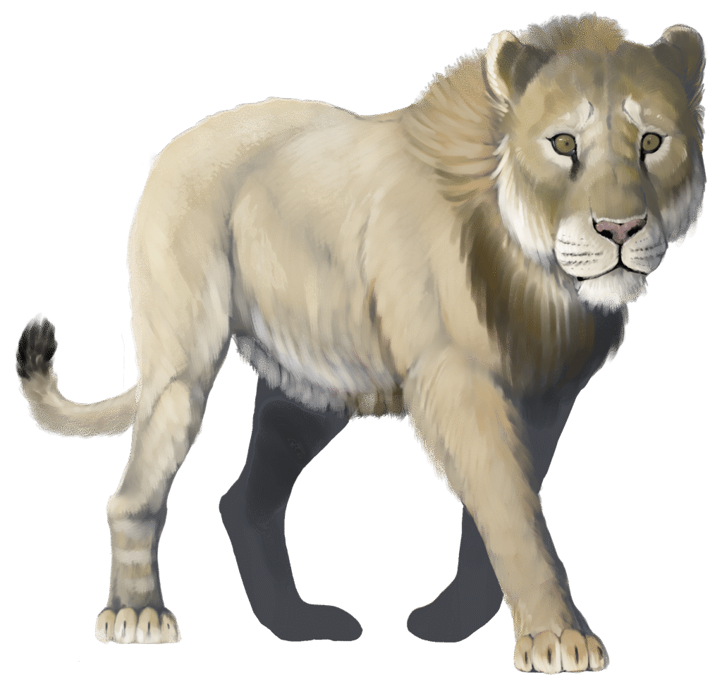 A majestic, digitally illustrated lion with a pale fur coat and a mane. The lion strides forward gracefully, exuding strength and confidence.
