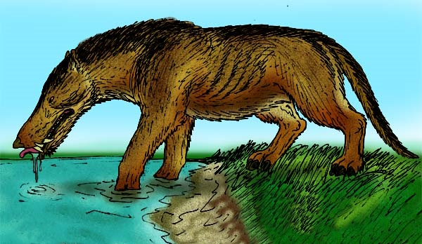 Illustration of a large, prehistoric mammal drinking from a blue water body. The creature stands on a grassy bank under a clear sky, conveying a tranquil scene.