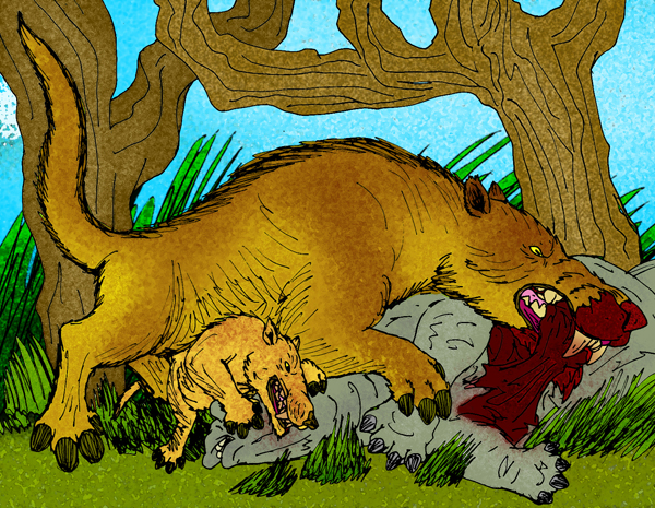 A large, fierce saber-toothed animal bites into another animal among trees. Nearby, a smaller creature gnaws at a bony structure. The scene is tense.