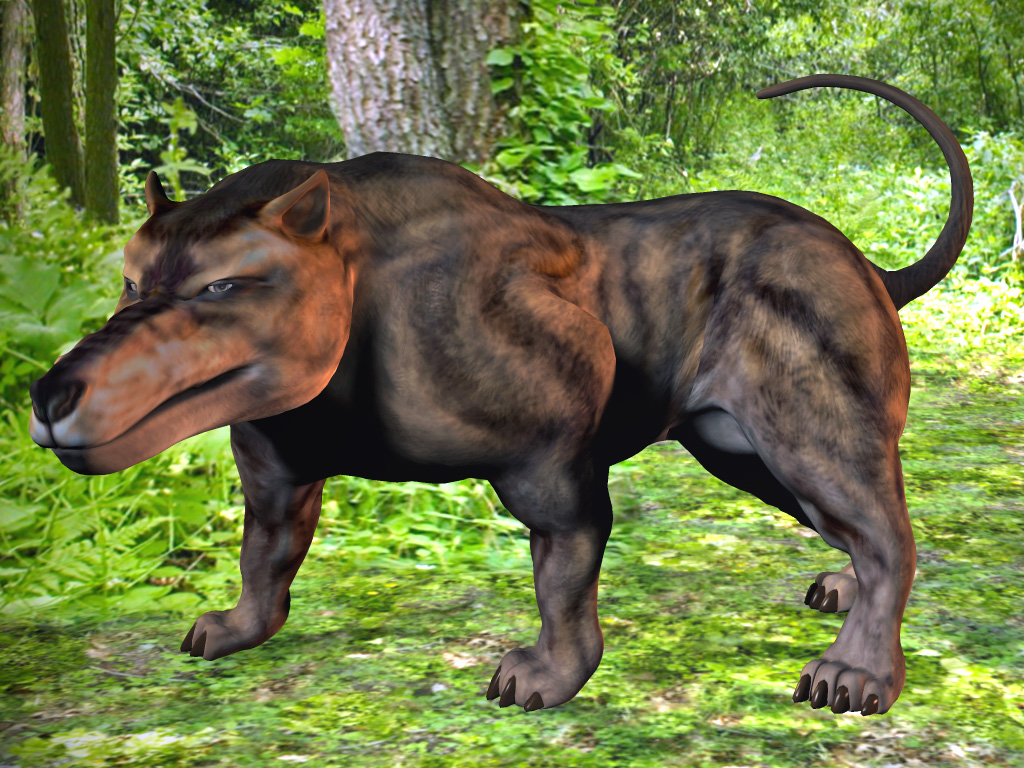 A digitally rendered prehistoric creature with a robust body, large head, and short legs stands in a lush, green forest setting. The mood is wild and natural.