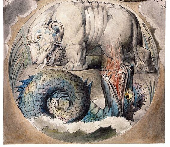 Biblical scene depicting God within clouds and angels above two mythical beasts, behemoth and leviathan, exuding a mystical and awe-inspiring tone.
