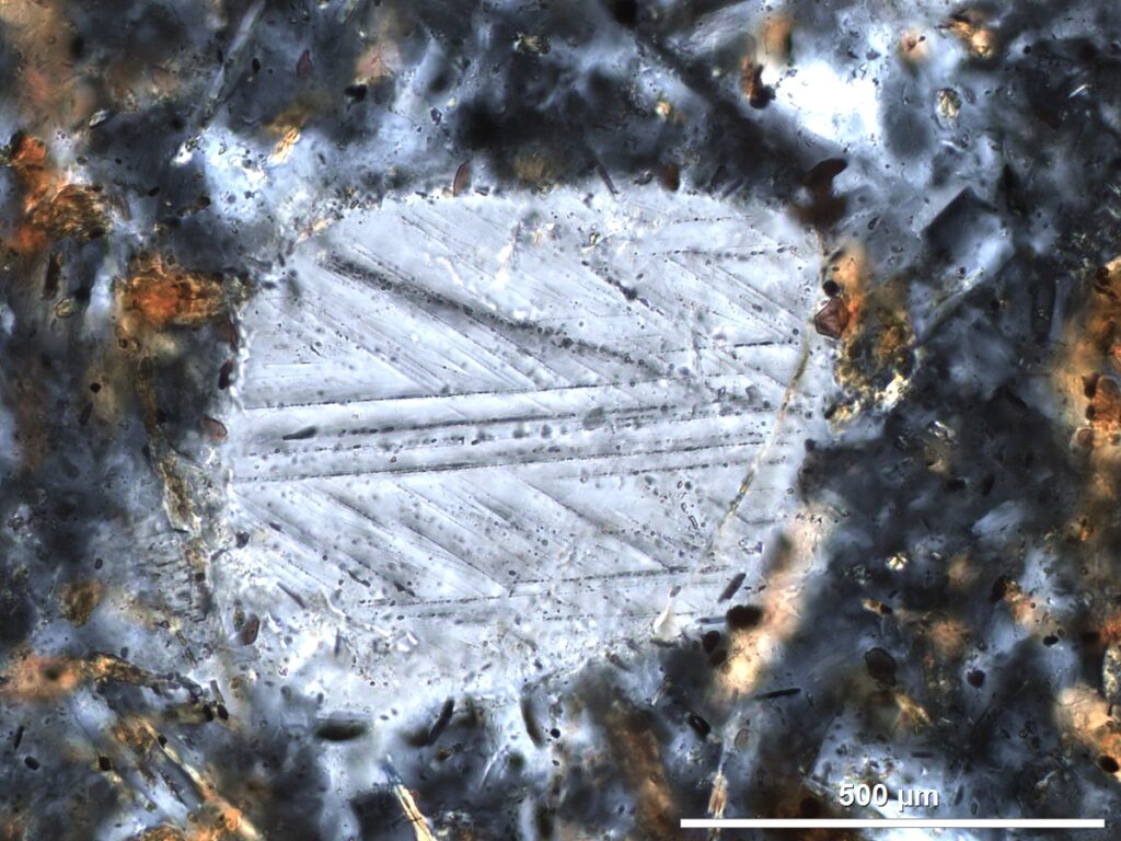 Close-up image of a mineral thin section under a microscope. It shows parallel lines and textures in shades of gray, black, and brown, illustrating geological features.