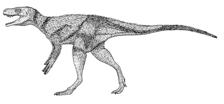 Sketch of a dinosaur walking on two legs with a long tail and open mouth. Its body is textured with detailed line work, conveying a prehistoric theme.