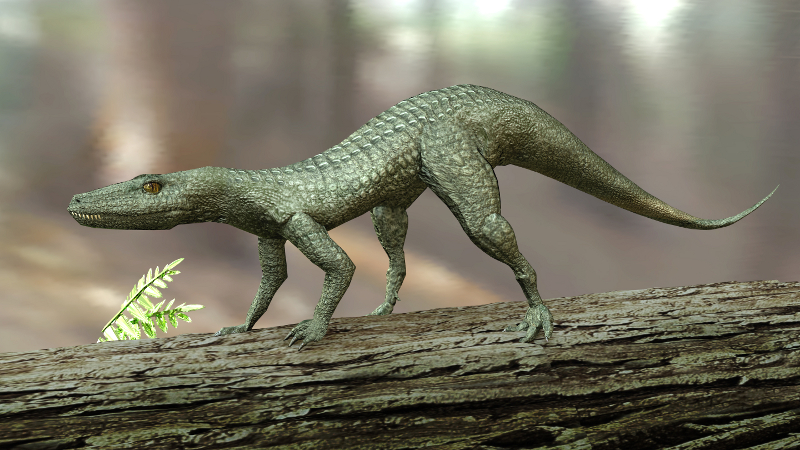 A small prehistoric reptile with textured, scaly skin walks on a log in a forest. Soft, diffused light creates a calm, ancient atmosphere.