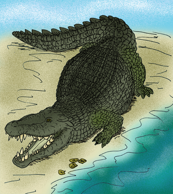 Illustration of a large crocodile with its mouth open on a sandy beach near blue water. Its textured skin and powerful presence convey a menacing tone.