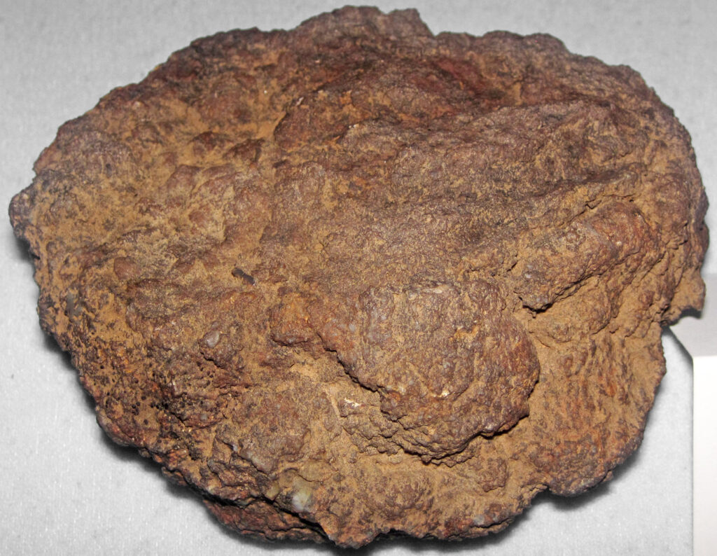 A large, rough, brown iron ore rock with a textured surface sits on a light gray background. Its irregular shape and earthy tones convey a rustic, natural feel.