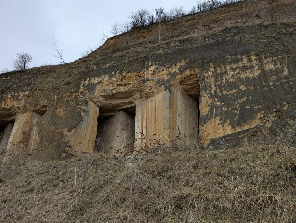 Rocky hillside with carved rectangular openings, surrounded by sparse vegetation and dry grass. Overcast sky adds a somber, untouched feel.