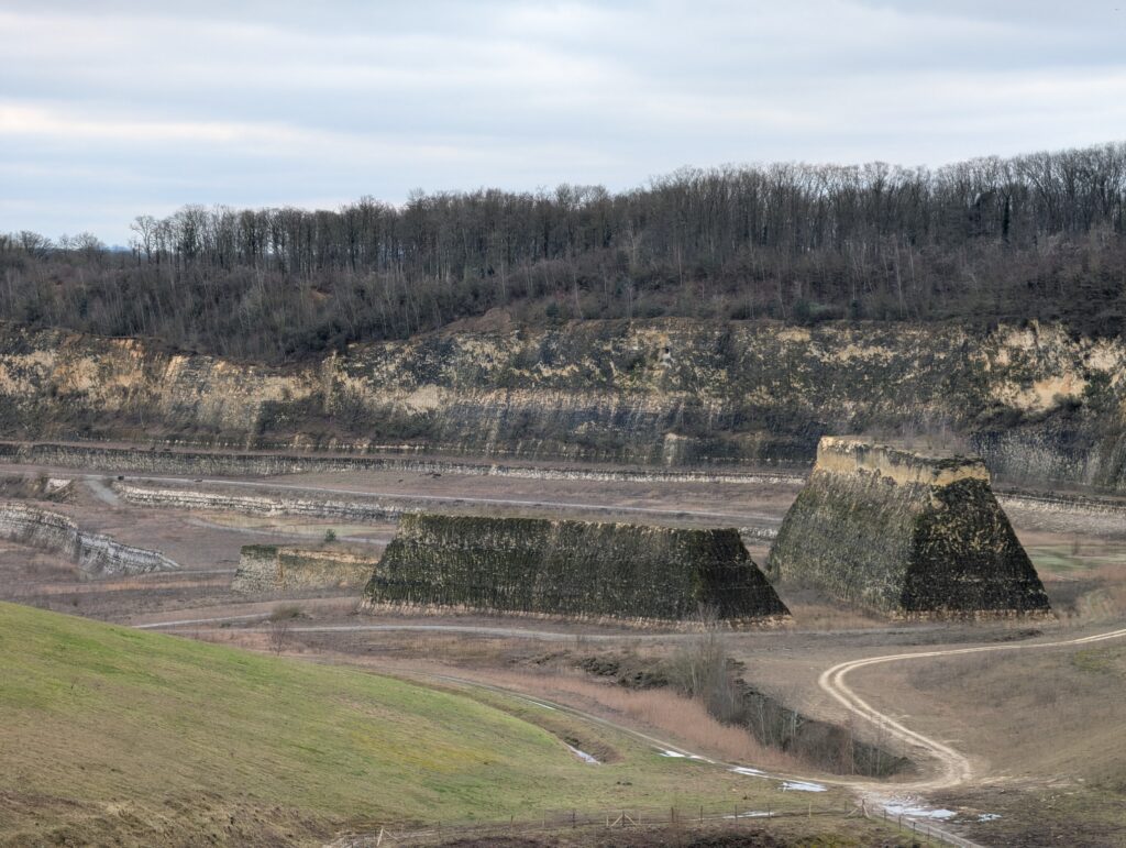 Hillside with steep brown earth formations, sparse vegetation, and a dirt path winding through. A forested area lines the horizon under a cloudy sky.