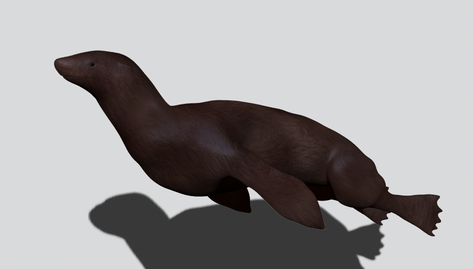 A 3D-rendered brown seal in motion against a light gray background, casting a shadow. The scene conveys a sense of movement and grace.