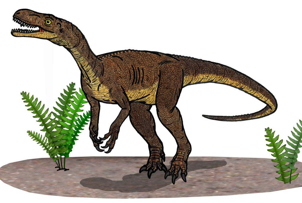 Illustrated dinosaur with a long tail and sharp claws stands on dirt, surrounded by green ferns. The dinosaur's expression suggests alertness.