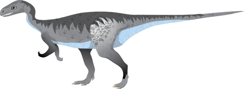 Illustration of a gray and blue dinosaur with a slender body, long tail, and three-toed front limbs. It has a textured pattern and alert stance.