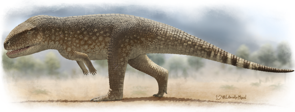 Illustration of a large, prehistoric reptile with textured brown skin, walking on a grassy plain. The background is blurred with trees. The tone is ancient and majestic.