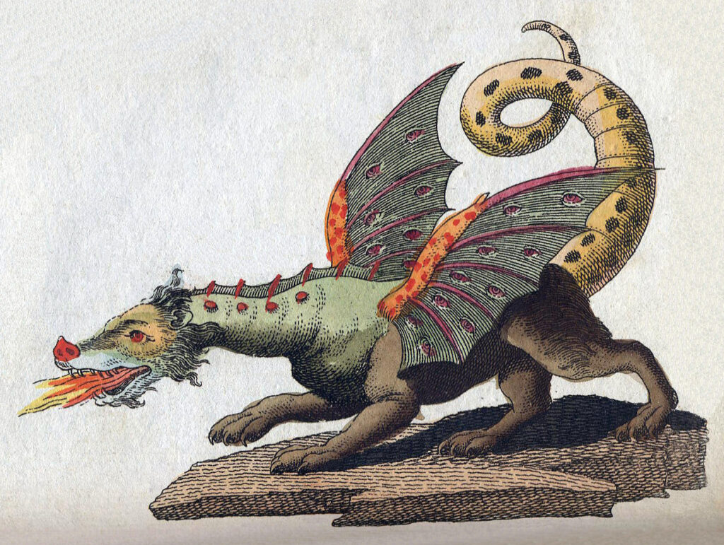 A colorful, mythical dragon with a lion-like body breathes fire. It has vibrant wings, a coiled tail, and an intense, fierce expression.