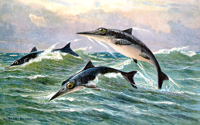 Illustration of three prehistoric marine reptiles, Ichthyosaurs, leaping through ocean waves under a cloudy sky. The scene conveys dynamic movement.