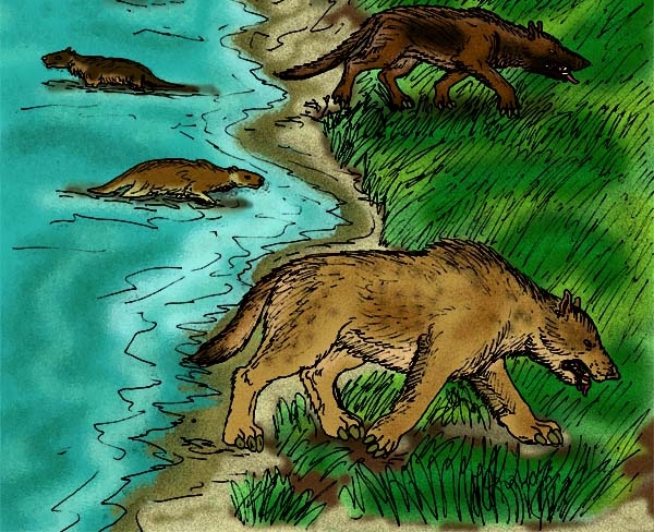 Illustration of prehistoric mammals by a riverbank. Two swim in blue water, while two walk on grassy land. The scene is calm and natural.