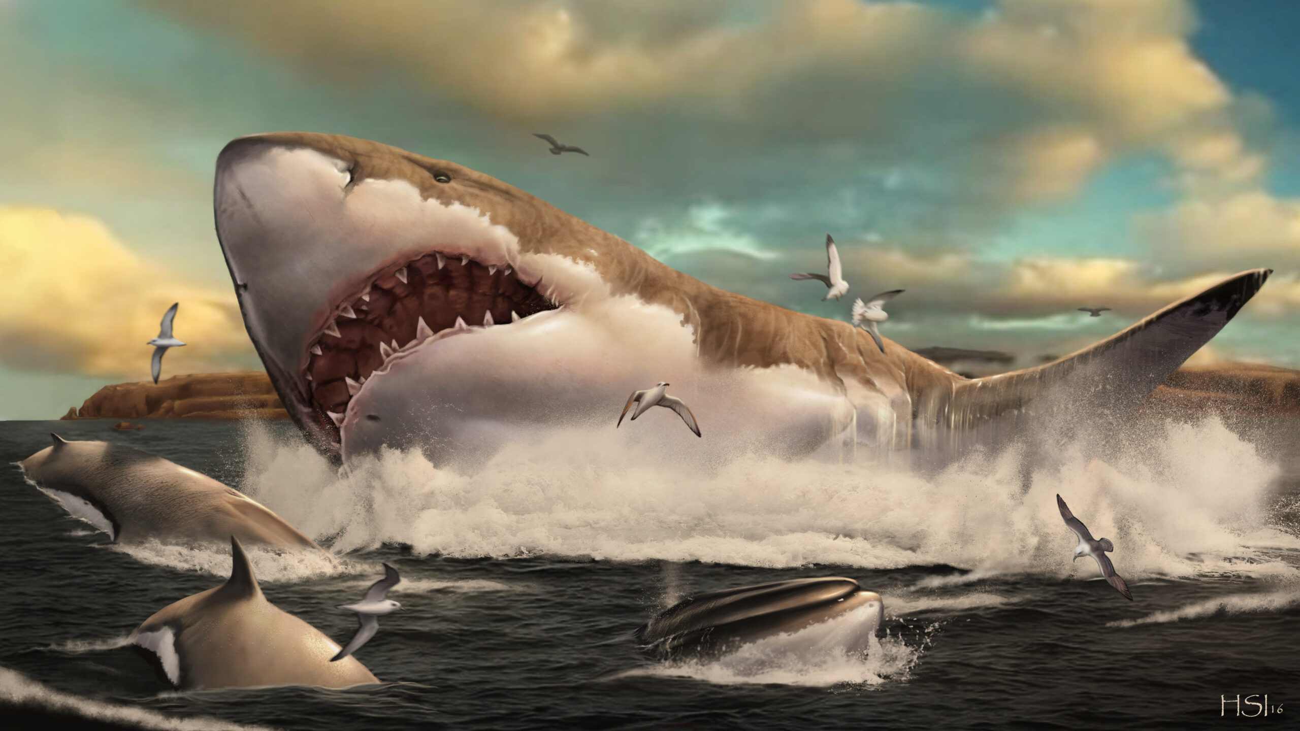 A gigantic shark with its mouth open emerges from ocean waves, surrounded by splashing water and seagulls flying under a dramatic sky. Thrilling scene.