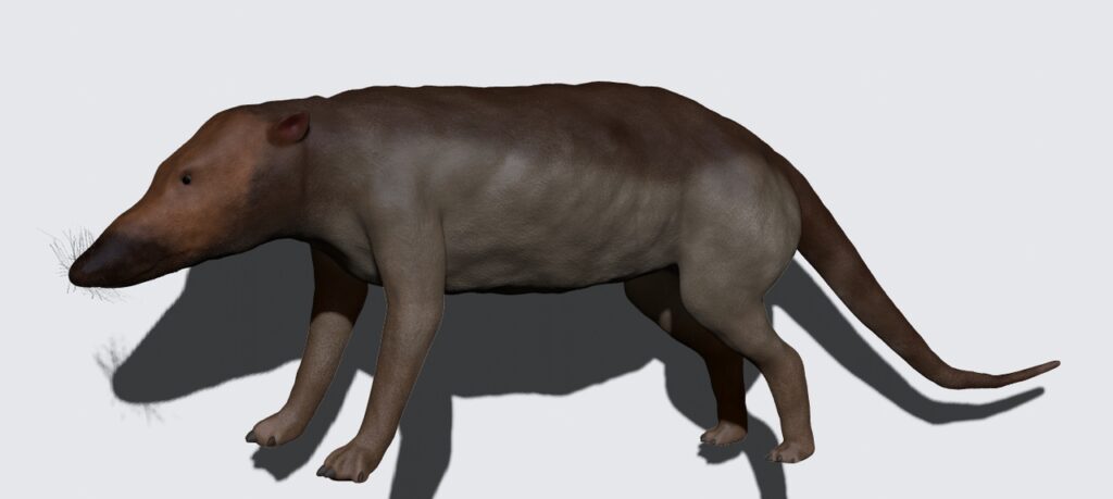 A digitally rendered prehistoric mammal features a large snout, brown fur, long legs, and a thick tail against a plain, light background.