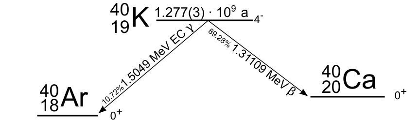 Diagram showing decay of Potassium-40 (^40K) to Argon-40 (^40Ar) via electron capture and to Calcium-40 (^40Ca) via beta decay, with probabilities and energy values.