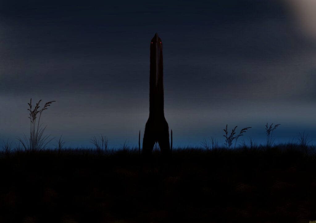 A dark figure with glowing red eyes stands tall on a shadowy field at twilight. Thin grass silhouettes surround it, creating an eerie, mysterious atmosphere.