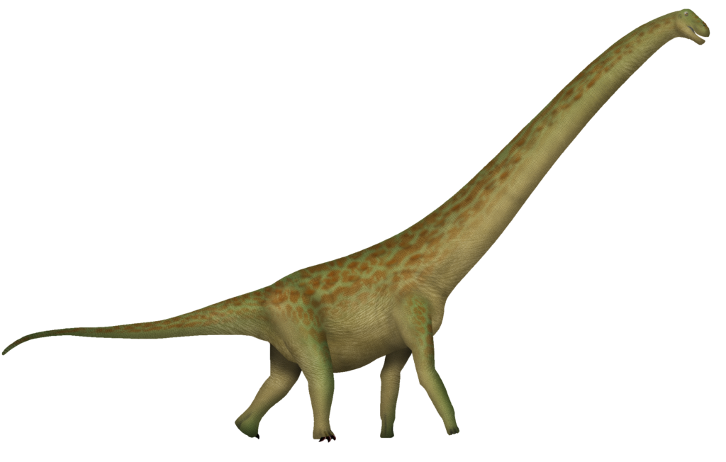 A large, green dinosaur with a long neck and tail, covered in orange and green patches, stands against a plain white background.