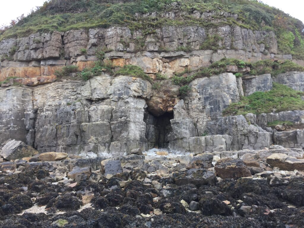 Rocky cliffside with a small cave entrance centered. The cliff is layered with rugged rocks and patches of greenery. Foreground has dark seaweed-covered rocks.