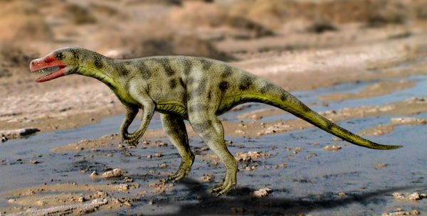 A green dinosaur with dark spots walks on muddy terrain under a clear sky. Its expression appears calm, evoking a prehistoric atmosphere.
