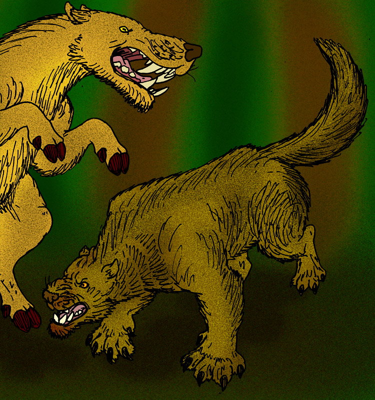 Two cartoon, prehistoric, dog-like creatures with long snouts and sharp teeth facing each other aggressively, against a green and brown background.