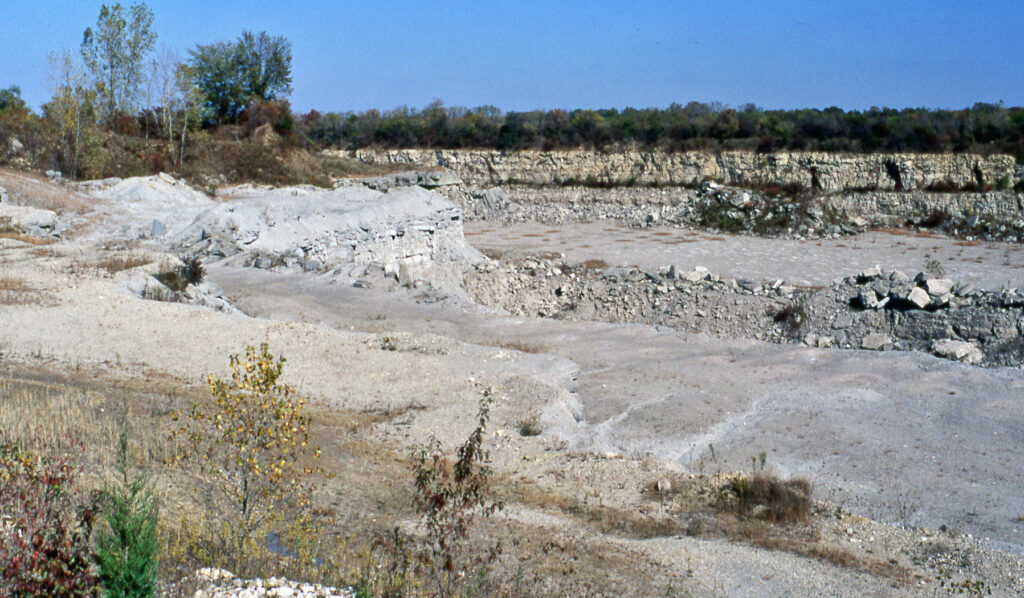 An abandoned limestone quarry with layers of exposed rock; sparse vegetation and small trees grow amidst rocky terrain under a clear blue sky.