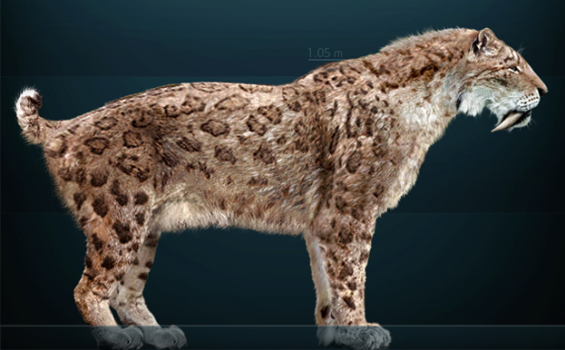 Illustration of a saber-toothed tiger on a dark background. It features a muscular build, spotted fur, and distinctive long, curved fangs.
