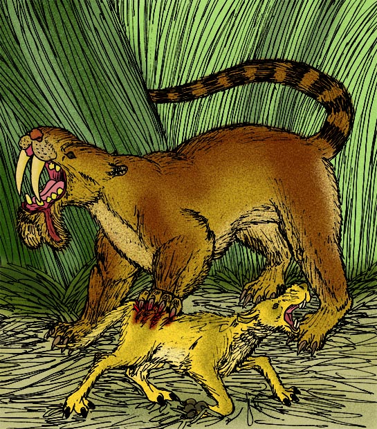 Illustration of a saber-toothed cat with long fangs and a striped tail pouncing on a smaller animal. Set against green vegetation, conveying tension.