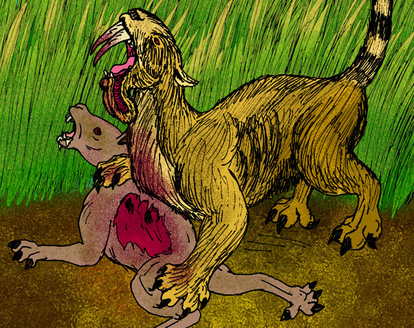 A snarling, saber-toothed animal stands over its prey, a wounded, lifeless creature. Tall grass surrounds them under a clear blue sky, conveying a tense, primal scene.