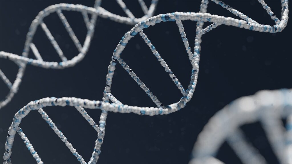 Close-up of a DNA double helix model in blue and white, set against a dark background. The image conveys a sense of complexity and scientific inquiry.