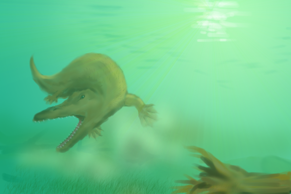Artist's illustration of a prehistoric aquatic creature with sharp teeth and webbed limbs swimming underwater, amidst greenish murky water and aquatic plants.