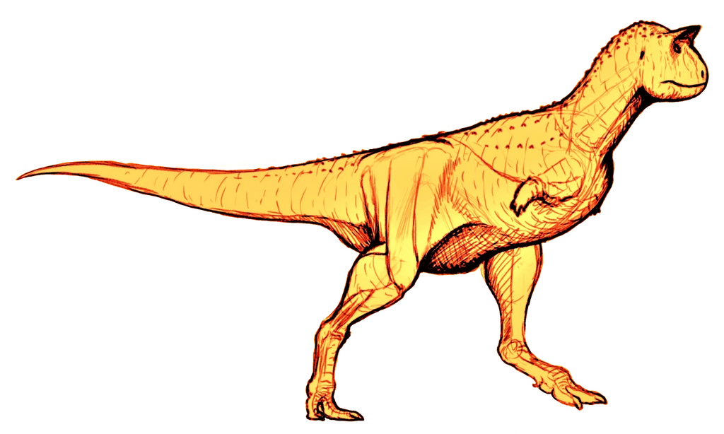 Illustrated dinosaur in vibrant orange and red tones, with a muscular body, small forearms, and a long tail. Its textured skin adds realism.