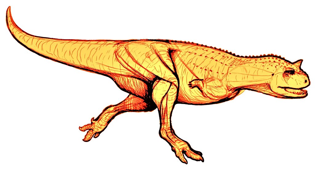 Illustration of a dinosaur in motion, with an elongated body and spiked back. The sketch is shaded in orange tones, suggesting a dynamic and lively pose.