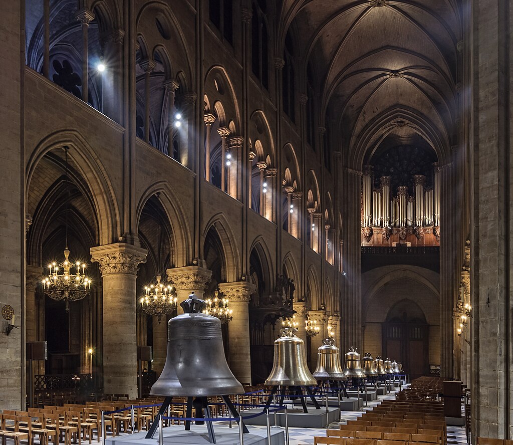 The new bells of Notre Dame de Paris on public display in the nave in February 2013, before being hung in the towers of the cathedral.