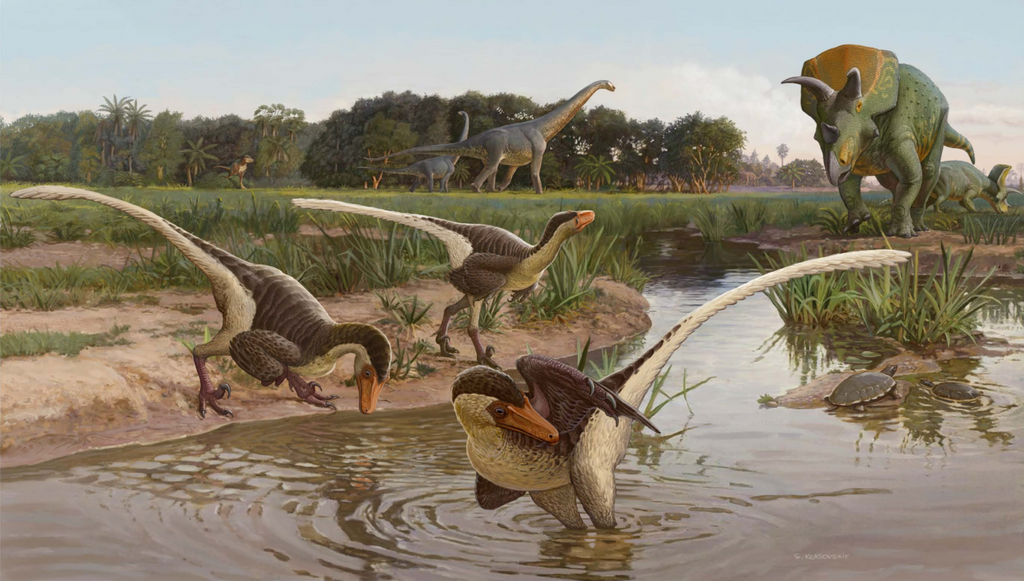 Two Alamosaurus sanjuanensis are in the background, with a small tyrannosaurid watching from the forest edge.