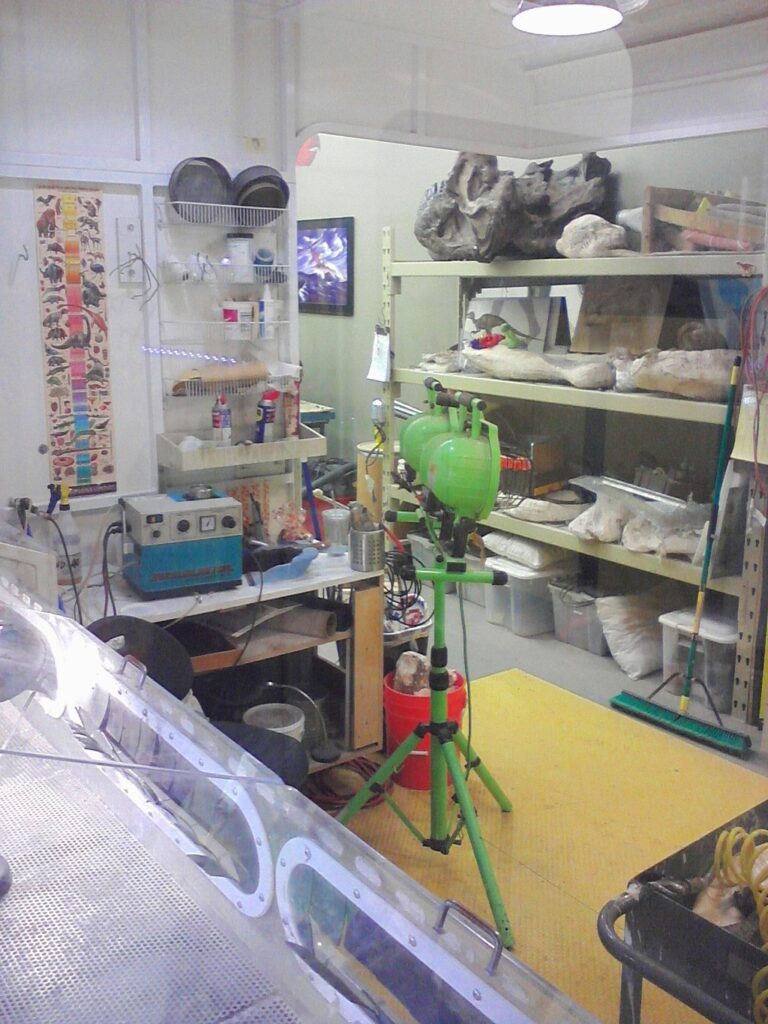 A cluttered workshop with shelves of plaster molds and a green tripod. Tools, a blue machine, and art supplies are scattered, creating a busy, creative atmosphere.