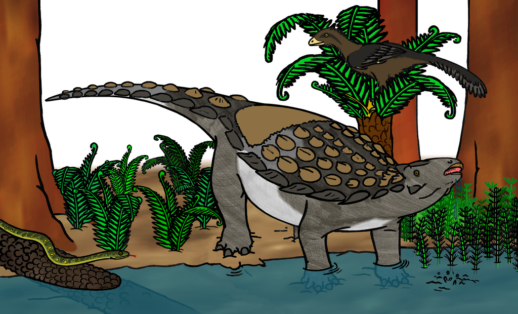 Drawing of a hunkering Gargoyleosaurus, raising its head after taking a drink from a pool of water.