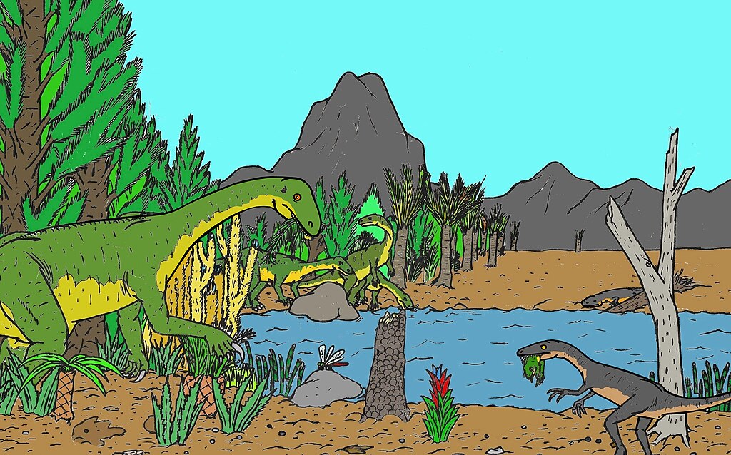 Illustration of how the world looked in the late triassic period, when the dinosaurs began to live on the earth. On the right side is a browsing Prosauropod, and to the left is a early theropod, which has catch a frog.
