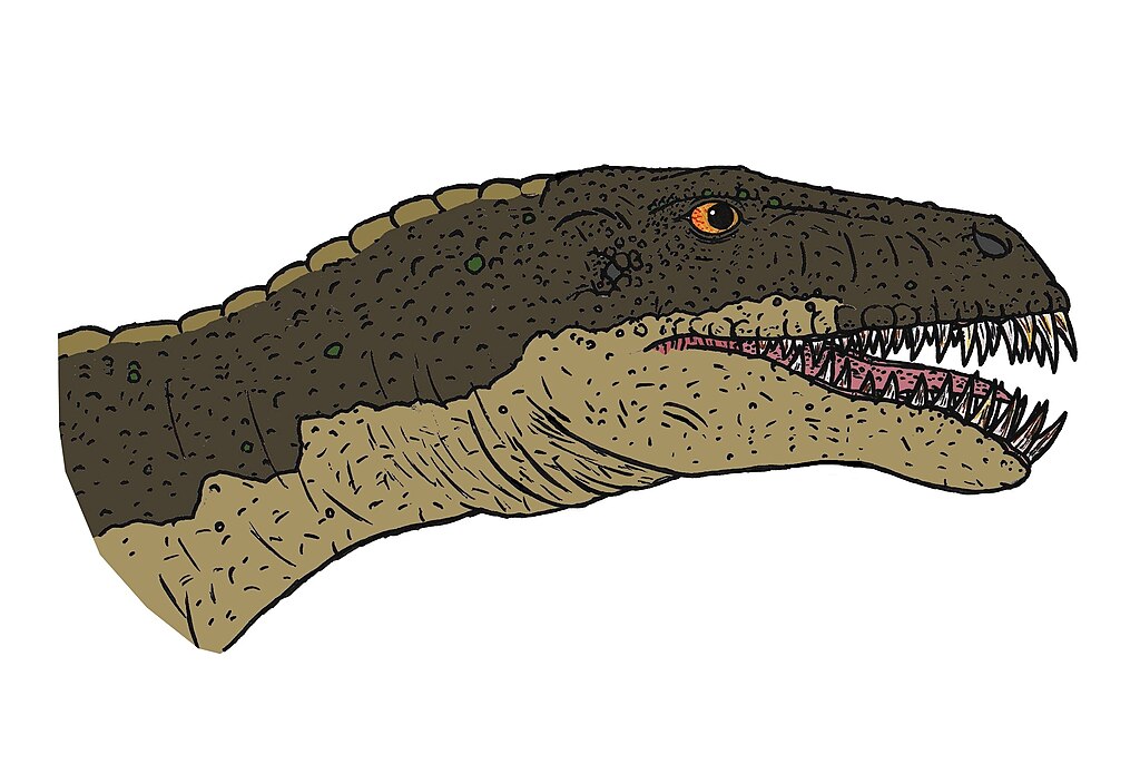 Illustration of a predatory dinosaur's head, with sharp teeth and scales. The creature has a brown, textured skin and an intense, focused gaze.