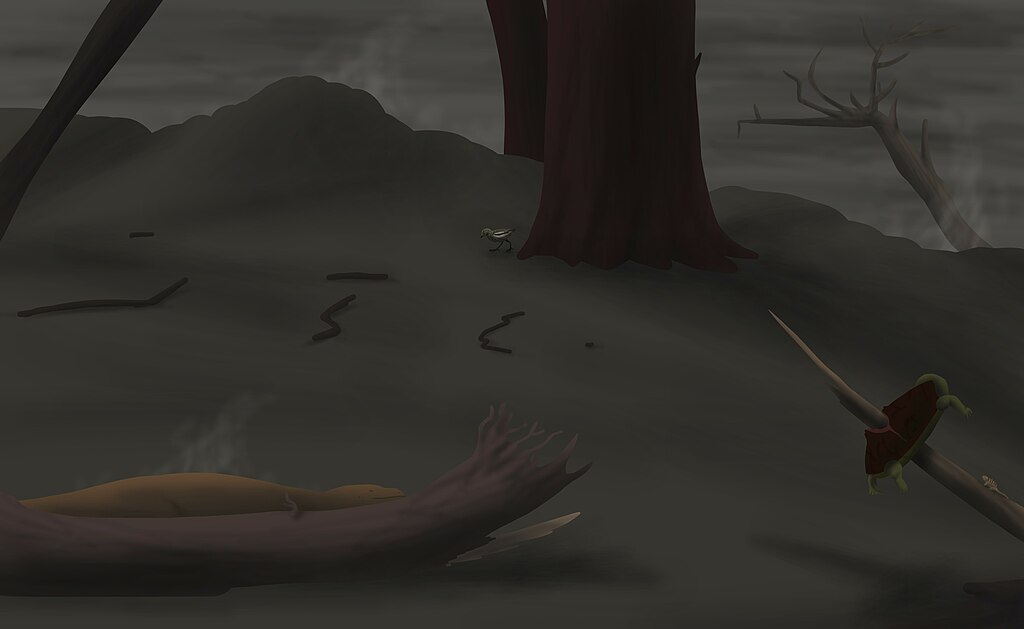 Paleoartistic depiction of a Cretaceous forest of what is today the Tanis site, in North Dakota, hours after the K-Pg impact.