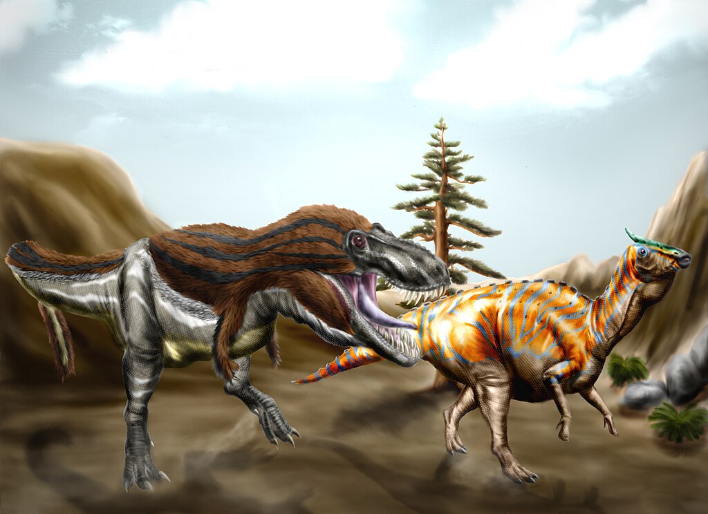 The tyrannosaurid Tarbosaurus baatar pursuing the hadrosaurine Saurolophus angustirostris in the Late Cretaceous of the Nemegt Formation.