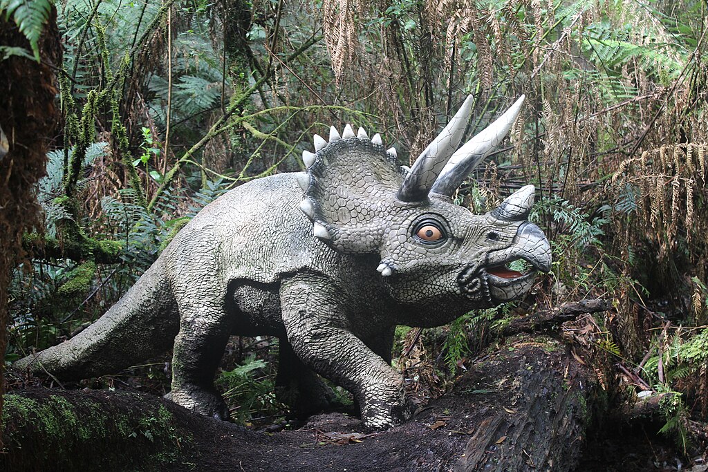 Half-sized model of a triceratops in a fern forest (Great Otway National Park, Australia).
