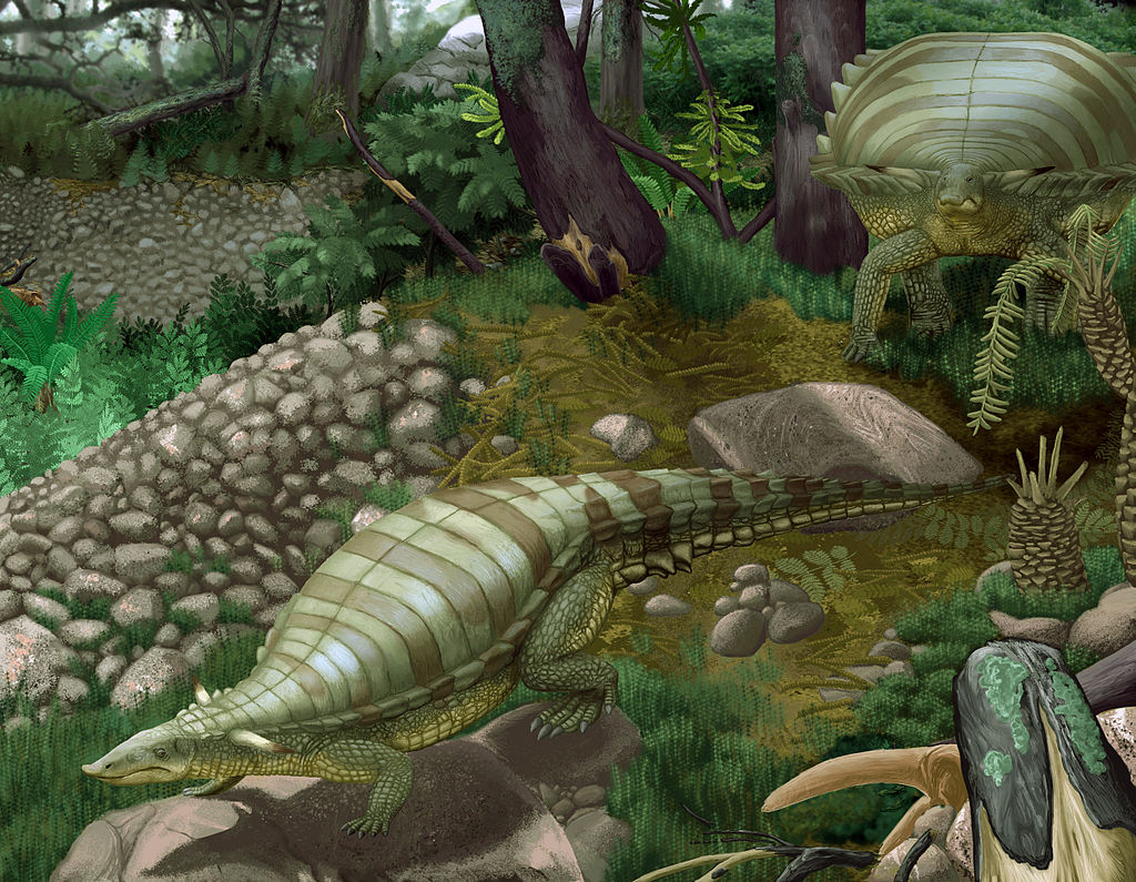 Illustration of two armored dinosaurs in a prehistoric forest. One dinosaur walks on rocky terrain, while the other stands beside a tree, surrounded by dense foliage.