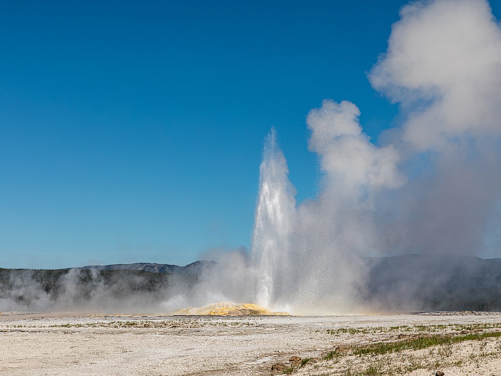 Geyser erupting under a clear blue sky, surrounded by steam and mist. Yellow mineral deposits visible on the ground, creating a dramatic natural scene.