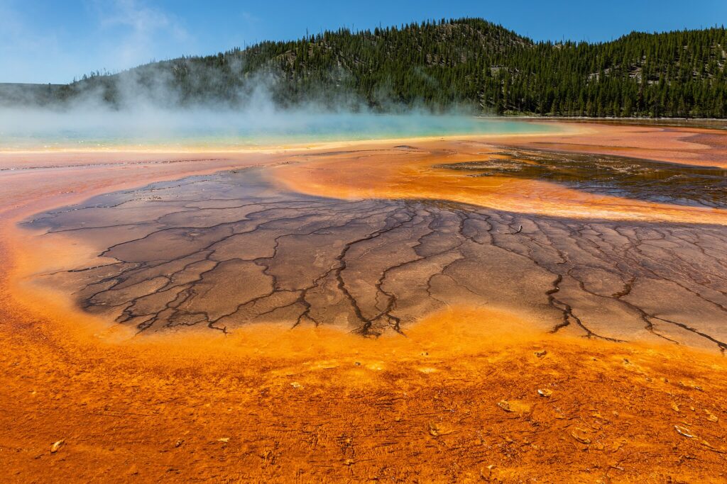 Vibrant geothermal spring with vivid orange, yellow, and blue colors. Steam rises, and lush green forest in the background under a clear blue sky.