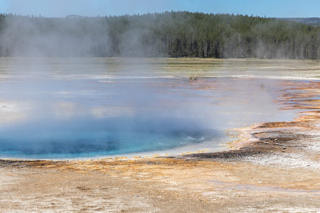Steaming geothermal pool with vibrant blue water at Yellowstone. Surrounded by colorful mineral deposits; forest in background under clear sky.